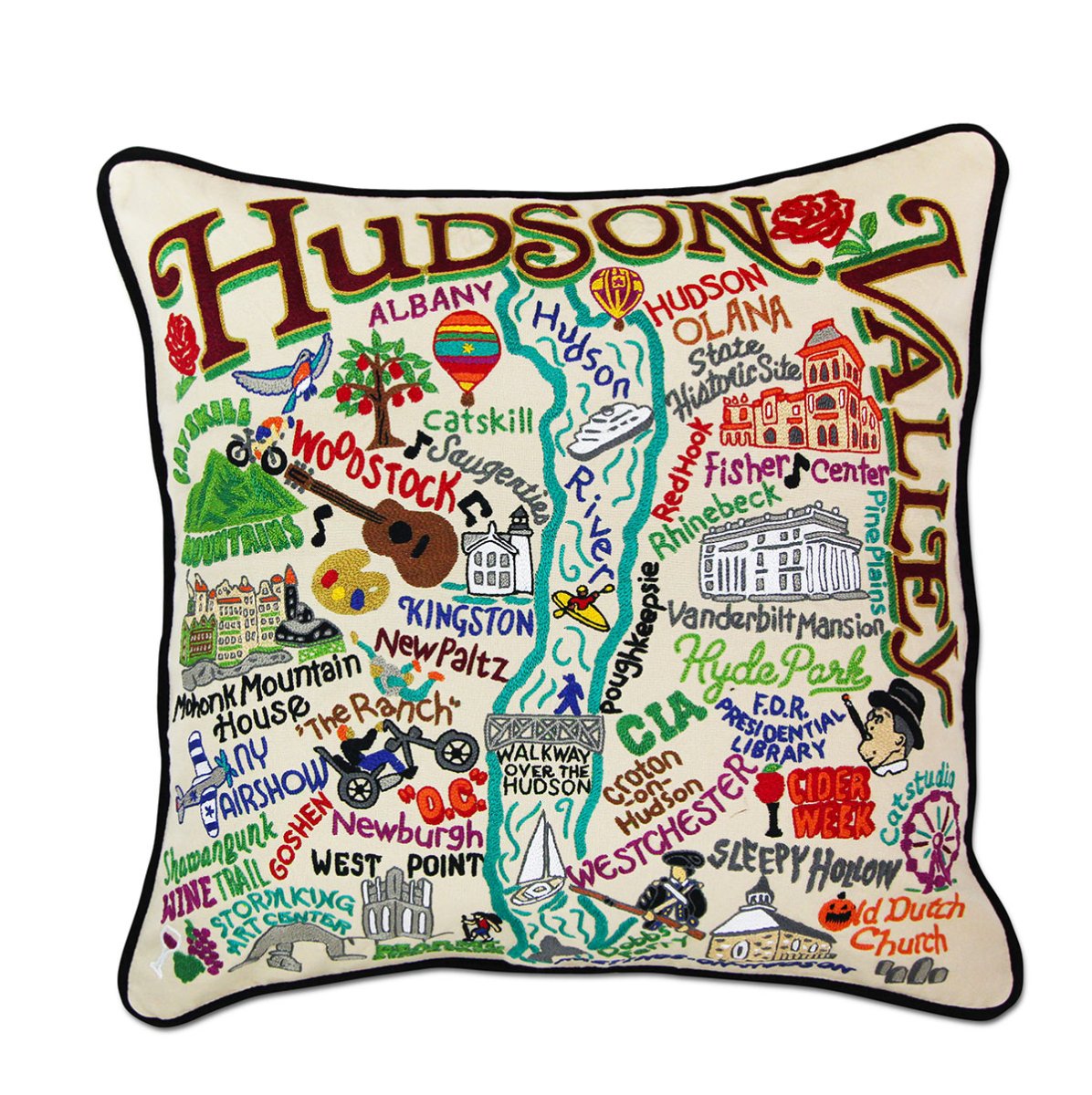 Hudson Valley Scenic hand-embroidered throw pillow showcasing iconic landmarks