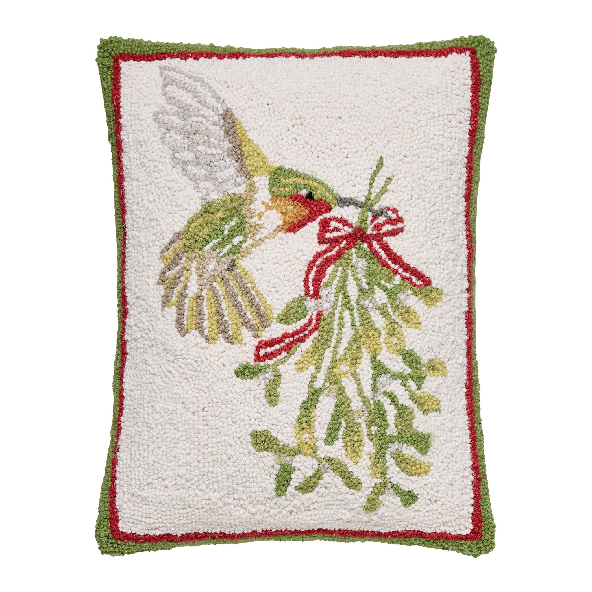 Hummingbird Mistletoe Hooked Wool Christmas Throw Pillow, 14x18 inch, front view
