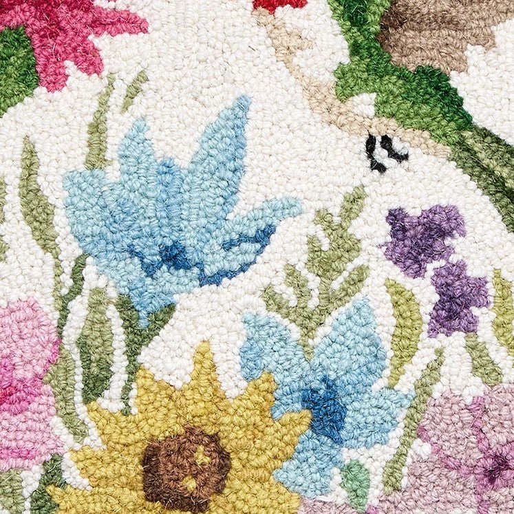 Hummingbird Wildflower Hooked Wool Throw Pillow, close-up detail