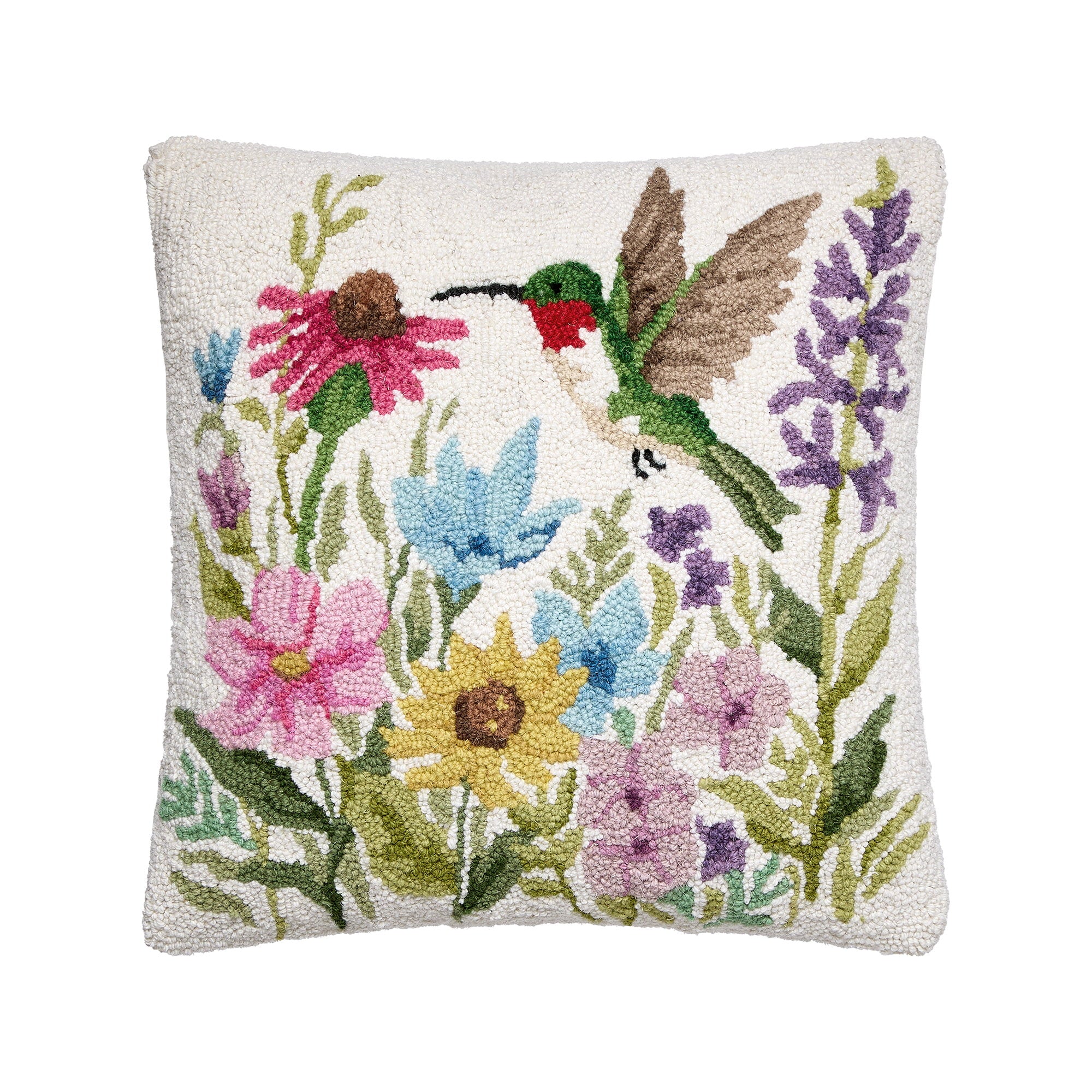 Hummingbird Wildflower Hooked Wool Throw Pillow, 18x18 inch, front view