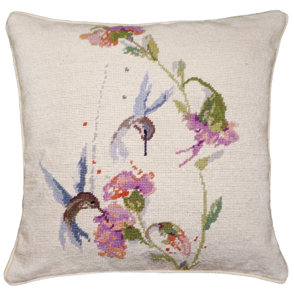 Hummingbirds needlepoint throw pillow with detailed bird portrait