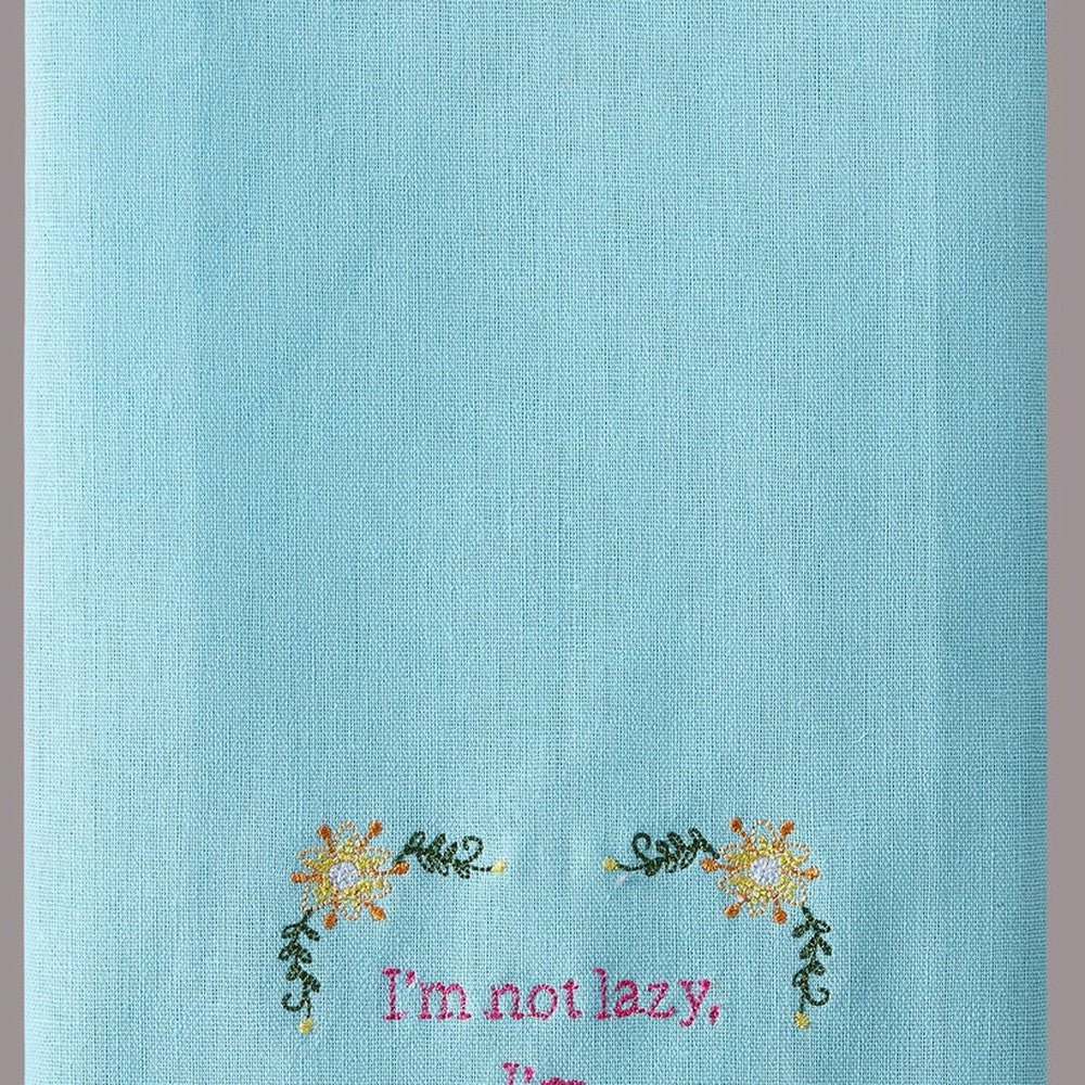 Closeup of I'm Energy Efficient Embroidered Kitchen Towel showing stitch texture and craftsmanship detail
