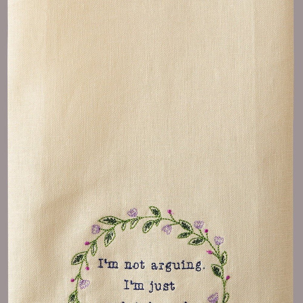 Closeup of I'm Not Arguing Embroidered Kitchen Towel showing stitch texture and craftsmanship detail