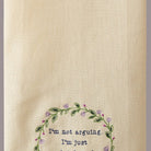 Closeup of I'm Not Arguing Embroidered Kitchen Towel showing stitch texture and craftsmanship detail
