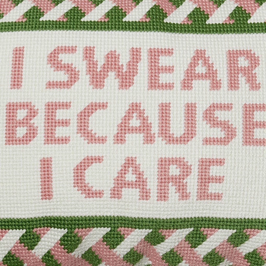 I Swear Because I Care Embroidered Needlepoint Throw Pillow, close-up detail