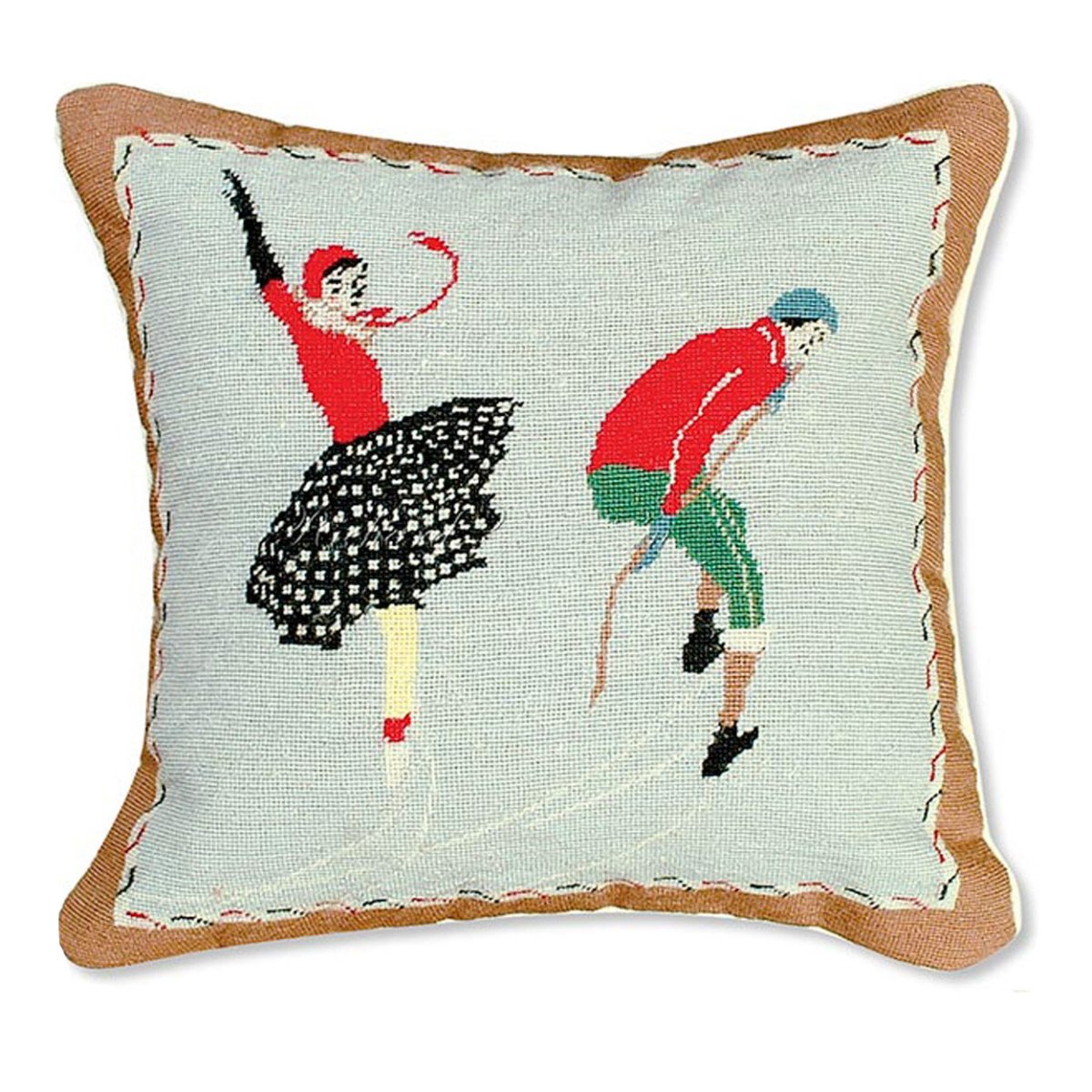 Ice Skating Winter Joy needlepoint throw pillow with artisan decorative design