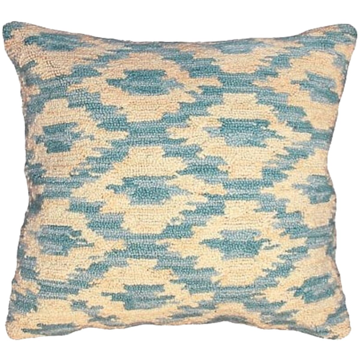 Ikat Peacock Indian hooked wool throw pillow with artisan decorative design