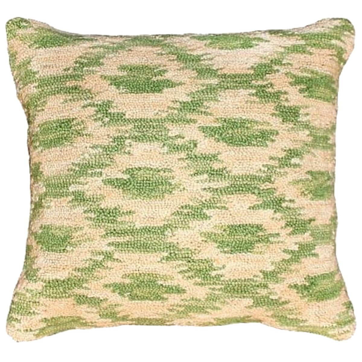 Ikat Pistachio Indian hooked wool throw pillow with artisan decorative design