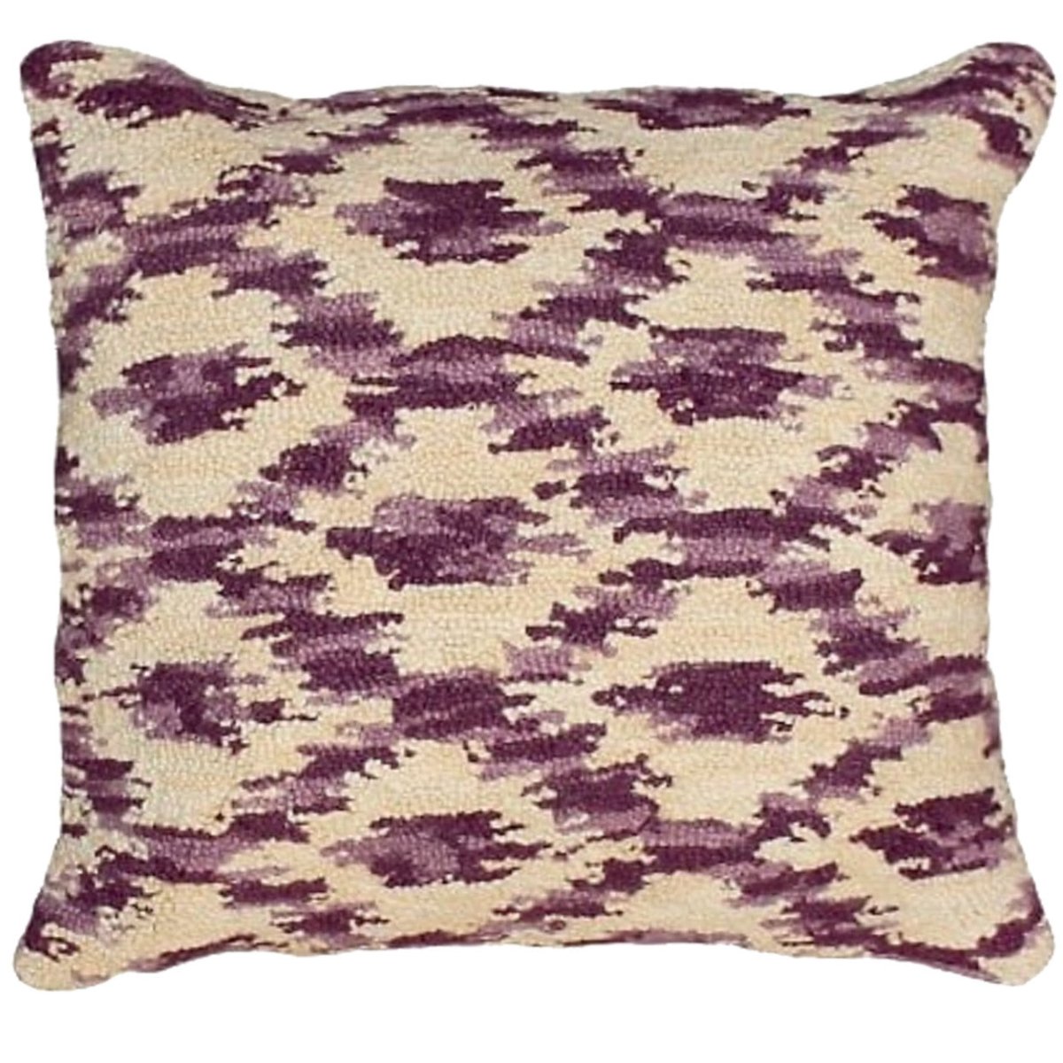 Ikat Prune Indian hooked wool throw pillow with artisan decorative design