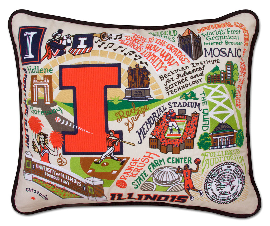 University of Illinois UI Fighting Illini embroidered pillow with school mascot.
