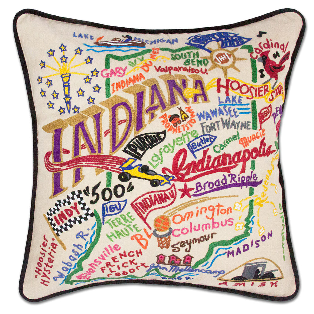 Indiana State Crossroads embroidered throw pillow with state symbols.