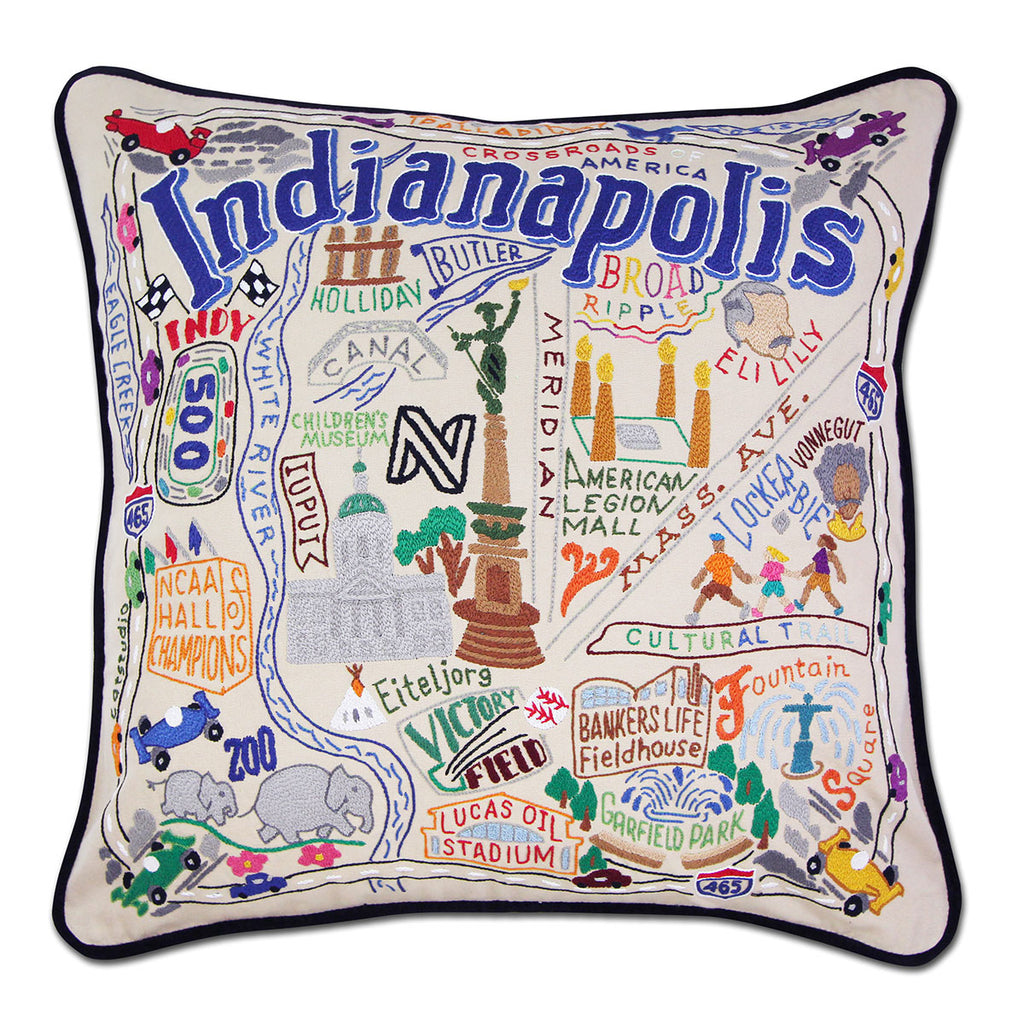 Indianapolis, IN Racing City embroidered throw pillow with racing theme.