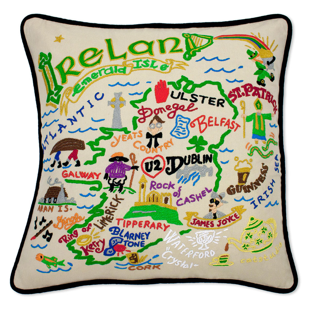 Ireland Irish Green Meadows embroidered throw pillow with lush greenery.