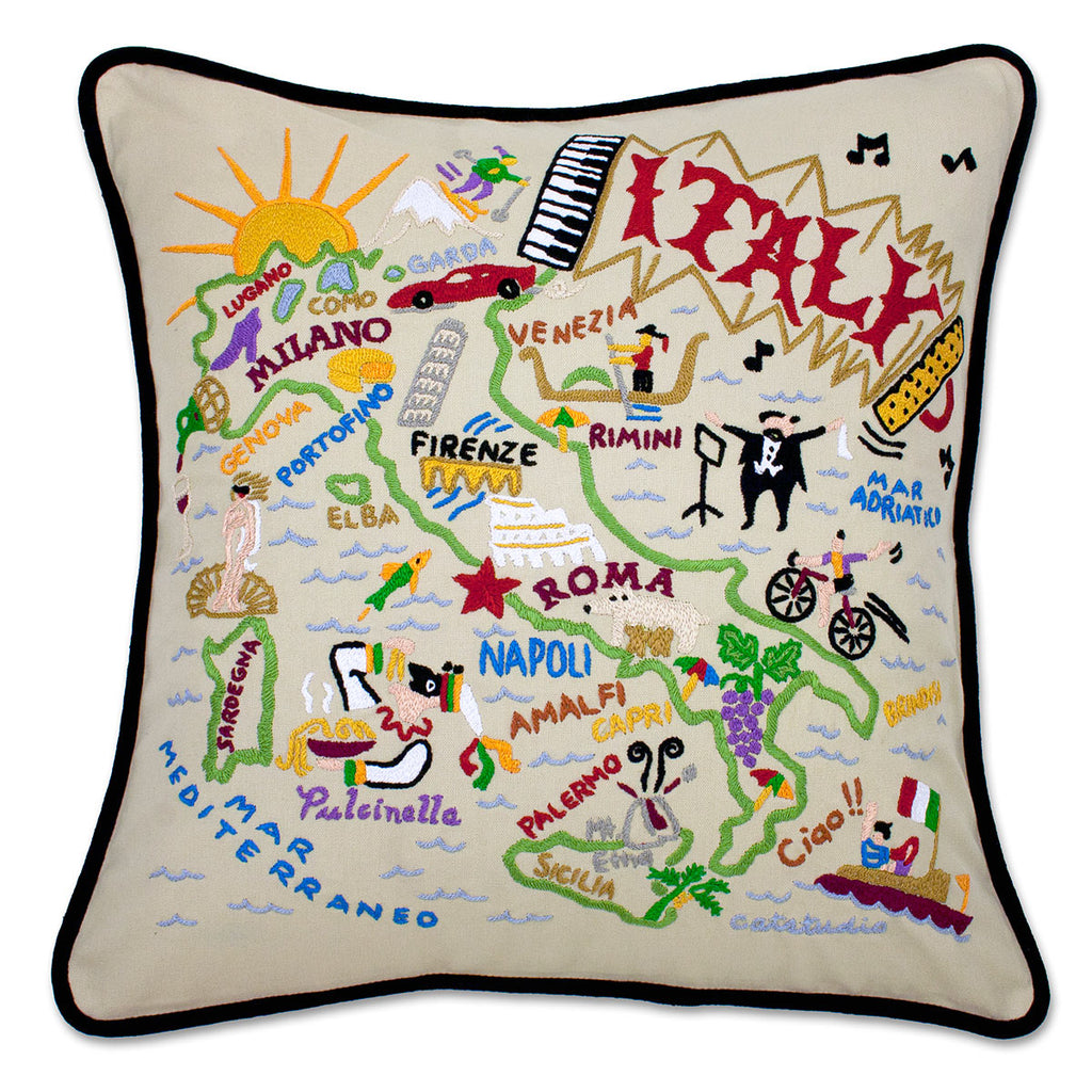 Italy Scenic Italian embroidered throw pillow with scenic landscapes.