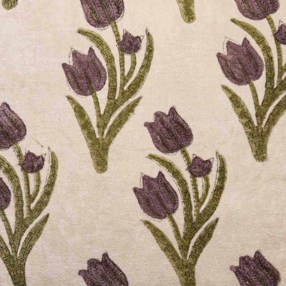 Closeup of Ivory Tulip Block Printed Throw Pillow showing print and fabric detail
