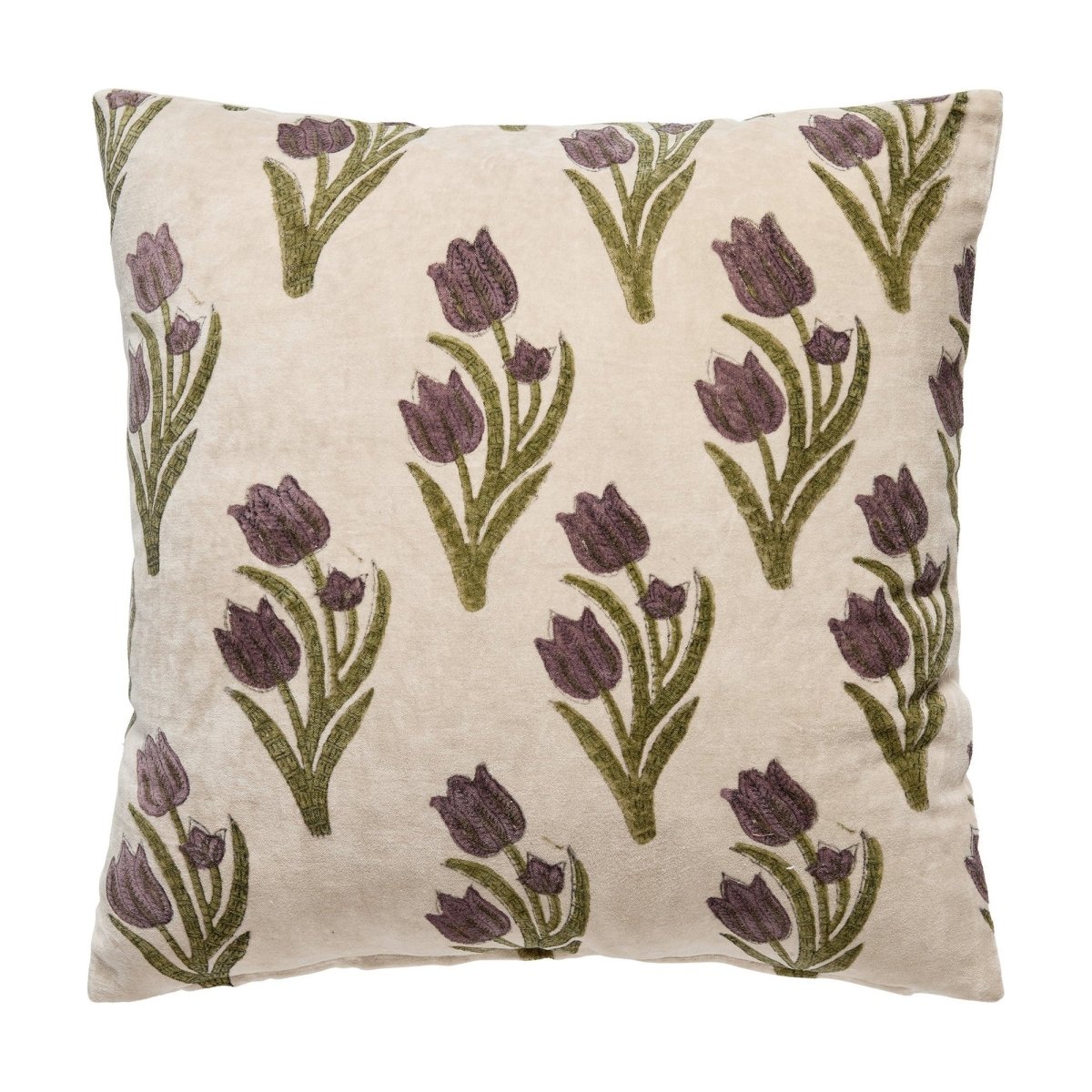 Ivory Tulip Block Printed Throw Pillow, 20x20 inch, front view