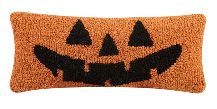 Jack-O-Lantern Hooked Wool Halloween Throw Pillow, 12x5 inch, front view