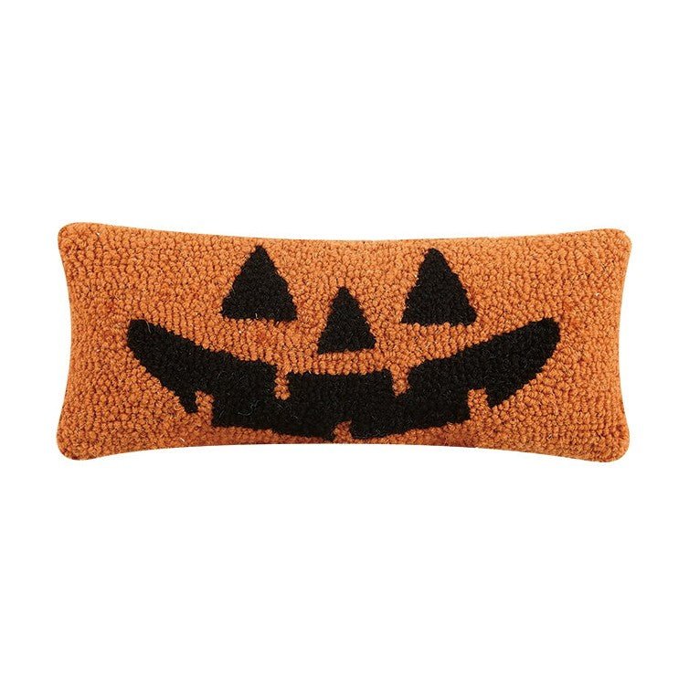 Jack-O-Lantern Hooked Wool Halloween Throw Pillow, 12x5 inch, front view