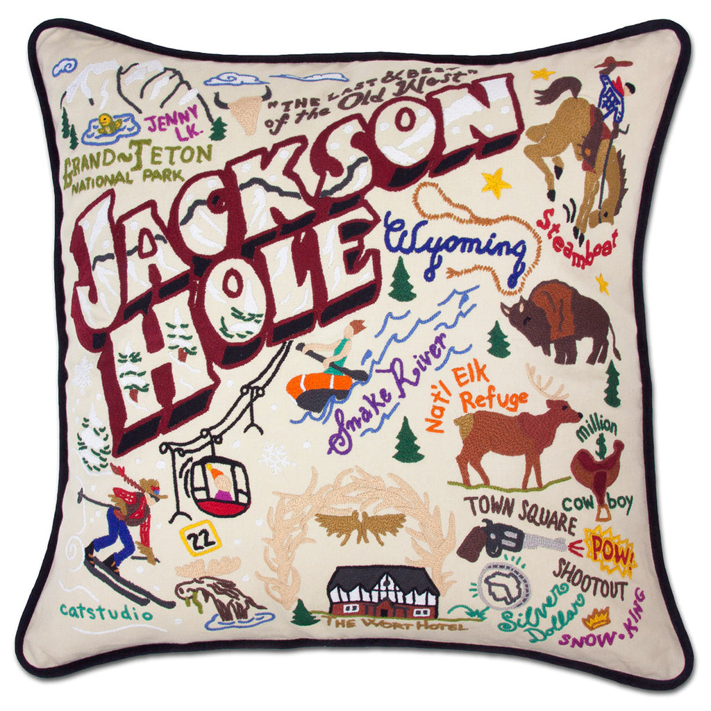 Jackson Hole Wyoming Ski embroidered throw pillow with ski resort design.