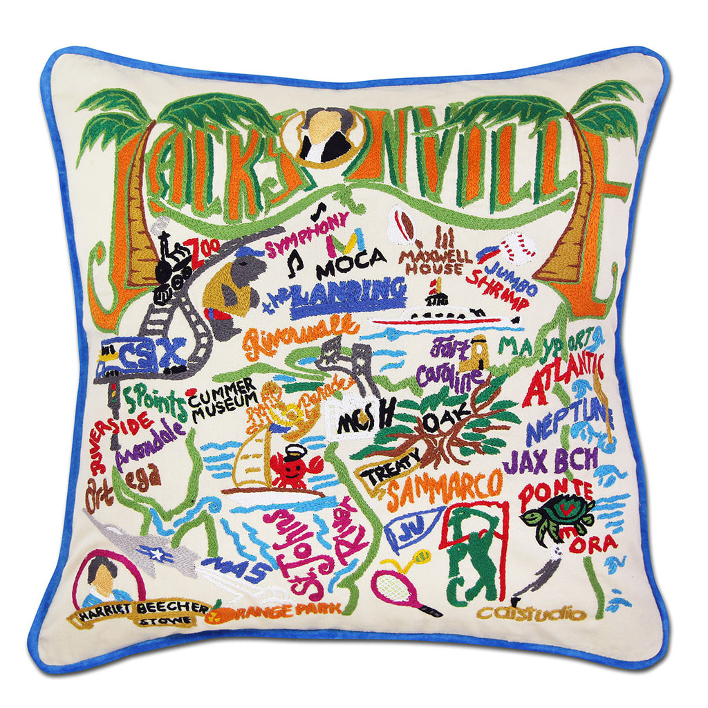 Jacksonville, FL Riverfront City embroidered throw pillow with cityscape.