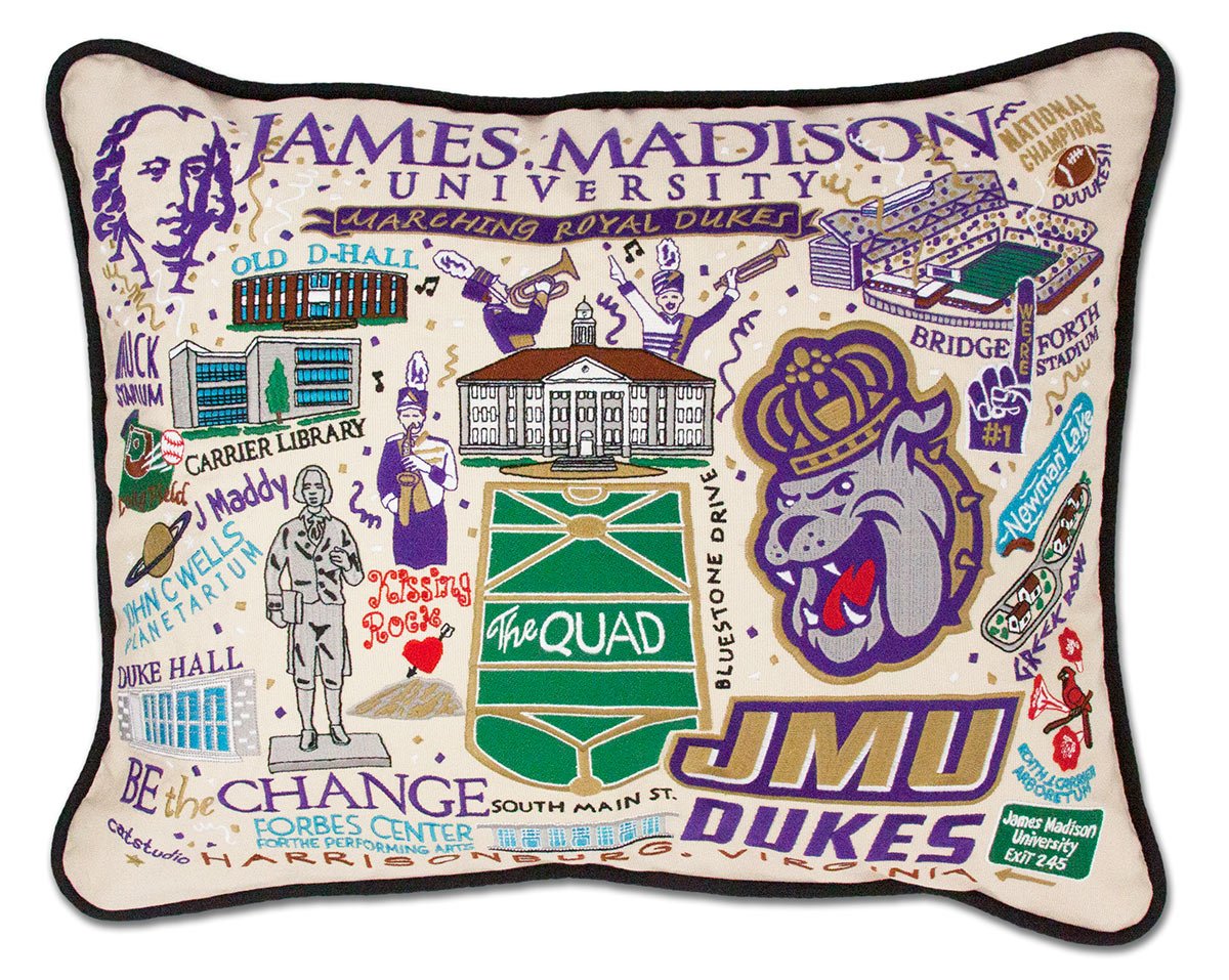 James Madison University Dukes hand-embroidered throw pillow featuring school colors and mascot imagery