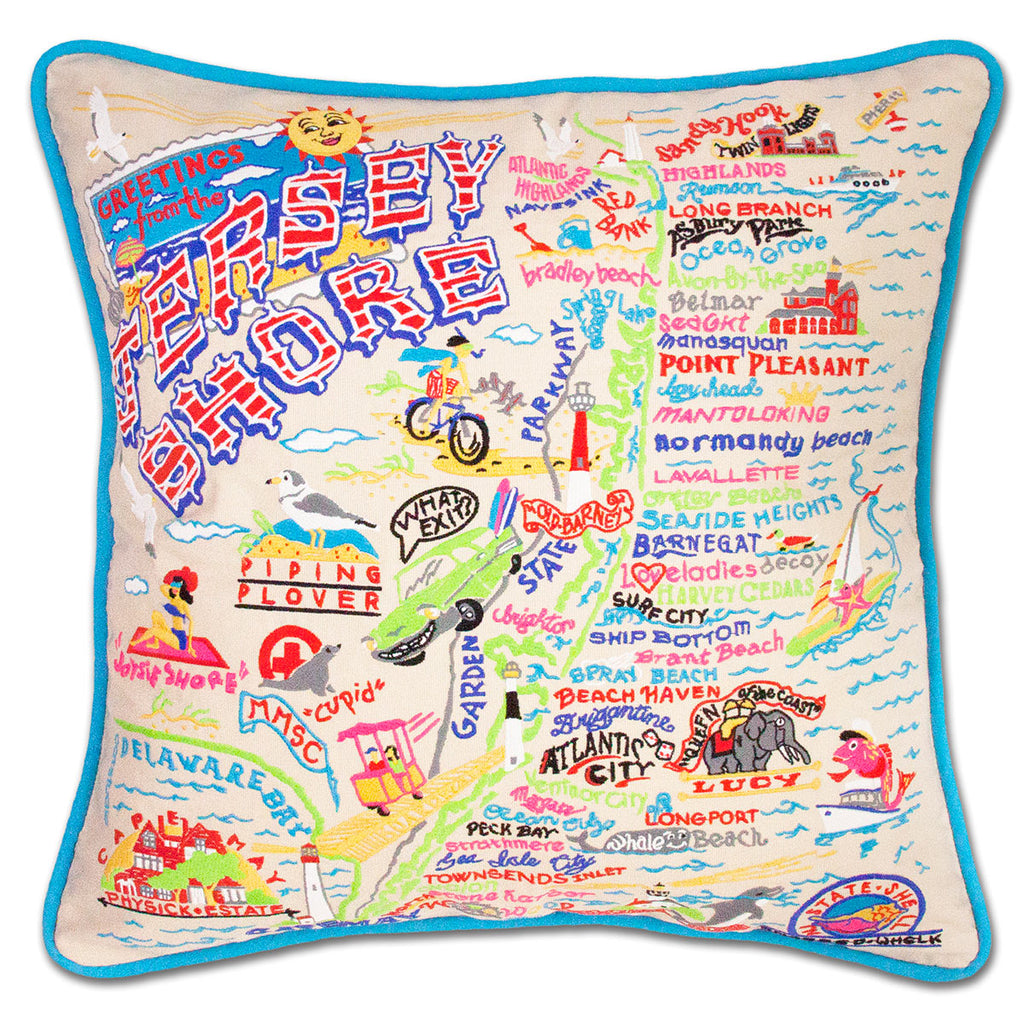 Jersey Shore Boardwalk Summer embroidered throw pillow with beach scene.
