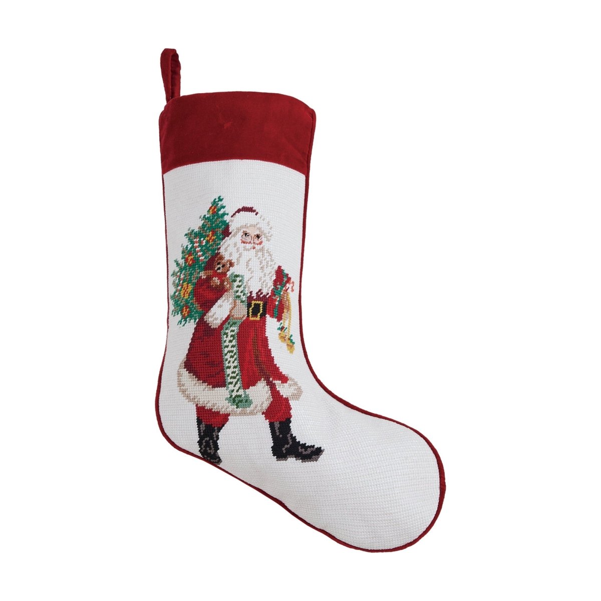 Jingle Claus Embroidered Needlepoint Christmas Stocking, 11x18 inch, front view