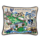 Johns Hopkins University Blue Jays hand-embroidered throw pillow featuring school colors and campus landmarks