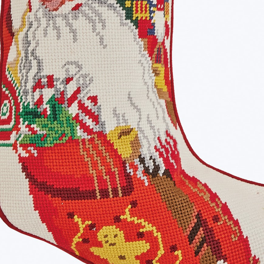 Jolly Christmas Embroidered Needlepoint Stocking, close-up detail