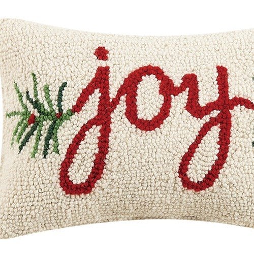 Joy Hooked Wool Christmas Throw Pillow, close-up detail