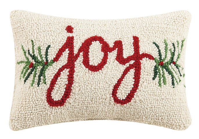 Joy Hooked Wool Christmas Throw Pillow, 8x12 inch, front view