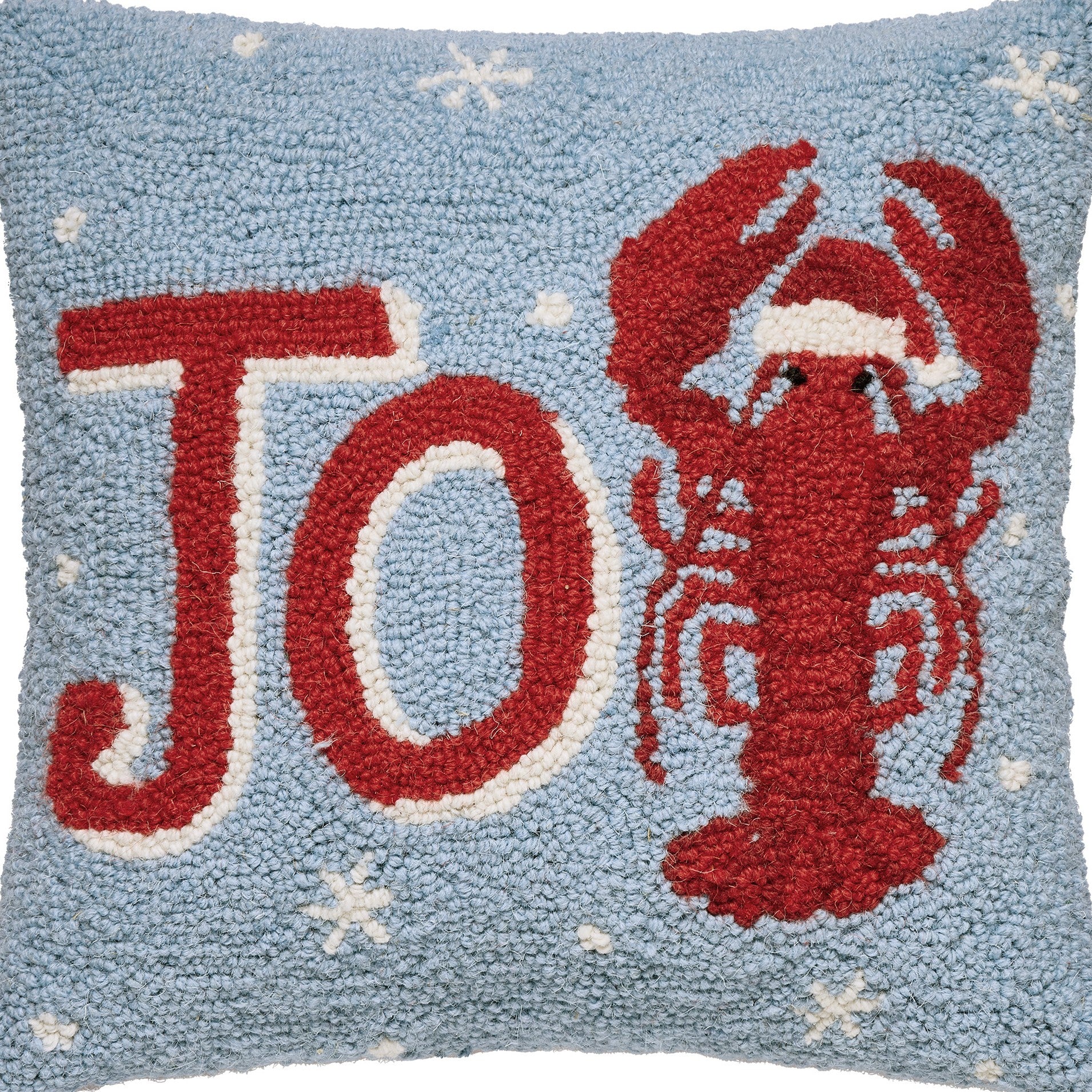 Joy Lobster Hooked Wool Christmas Throw Pillow, close-up detail