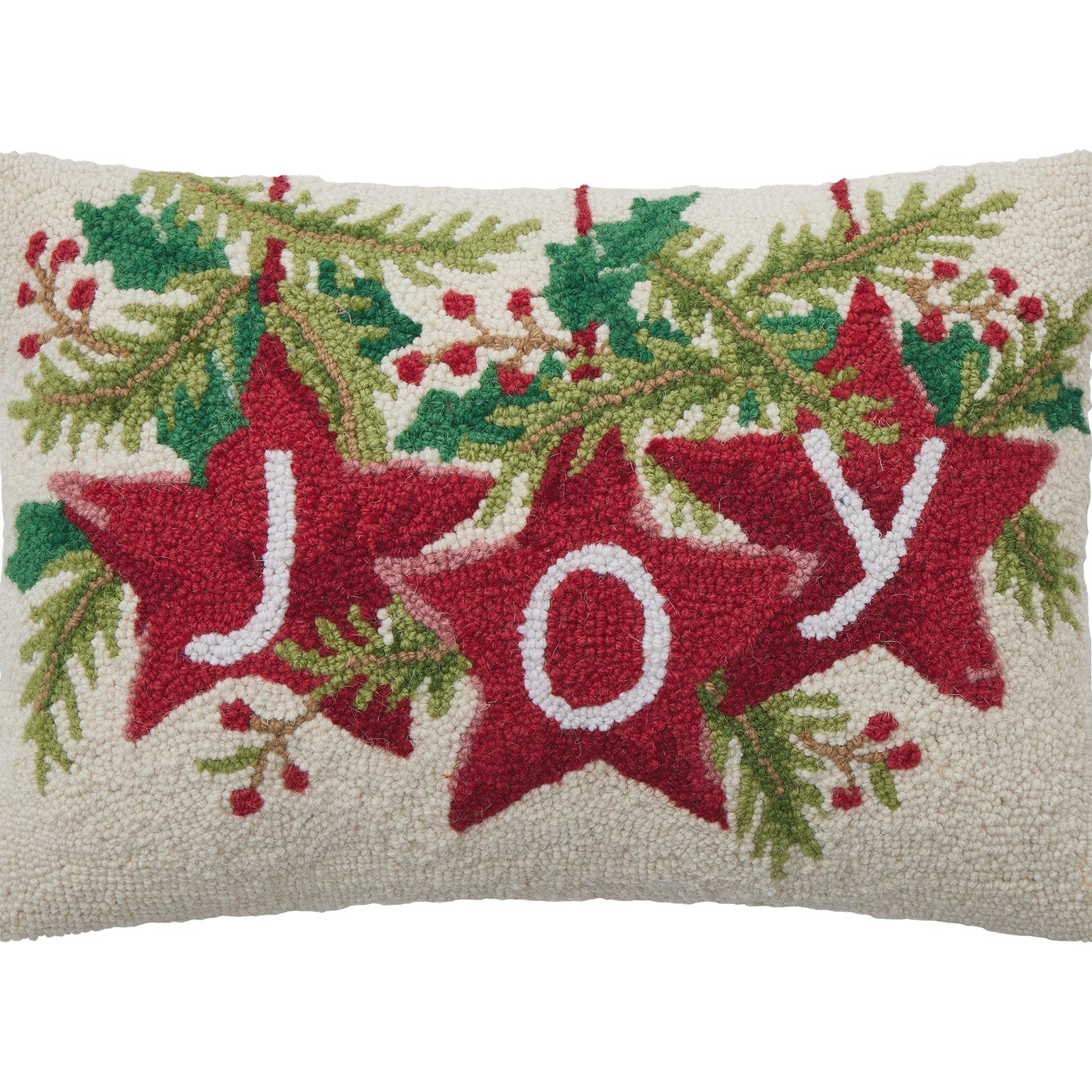 Joy Stars Hooked Wool Christmas Throw Pillow, close-up detail