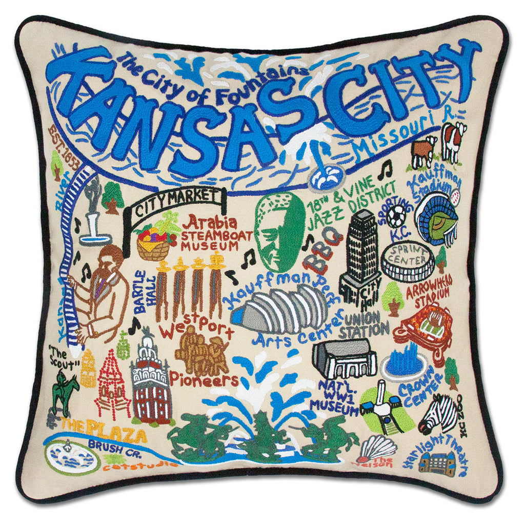 Kansas City, MO BBQ City embroidered throw pillow with barbecue imagery.