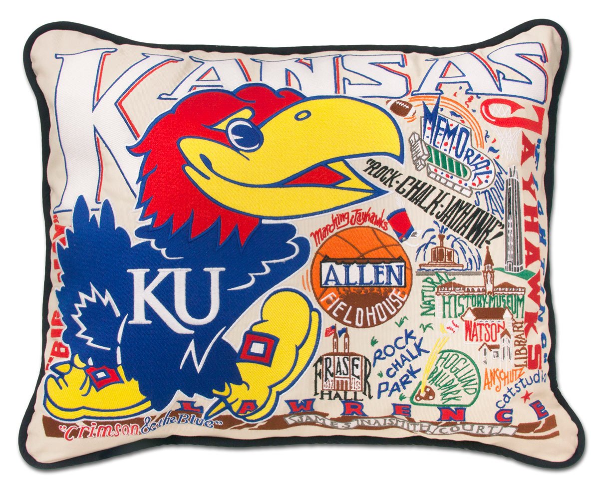 Kansas Jayhawks hand-embroidered throw pillow featuring school colors and mascot imagery