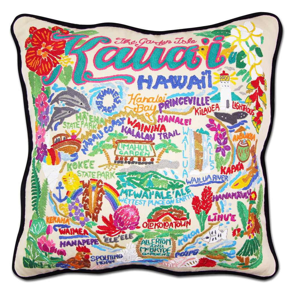 Kauai Tropical Island embroidered throw pillow with island scenery.