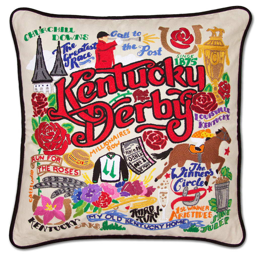 Kentucky Derby Horse Racing embroidered throw pillow with racehorse design.