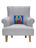Kentucky Horseshoe & Rose Hooked Wool Throw Pillow on an armchair, showing the throw pillow at room scale, 10x10 inch