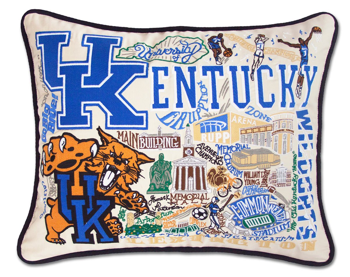 Kentucky Wildcats hand-embroidered throw pillow featuring school colors and mascot imagery