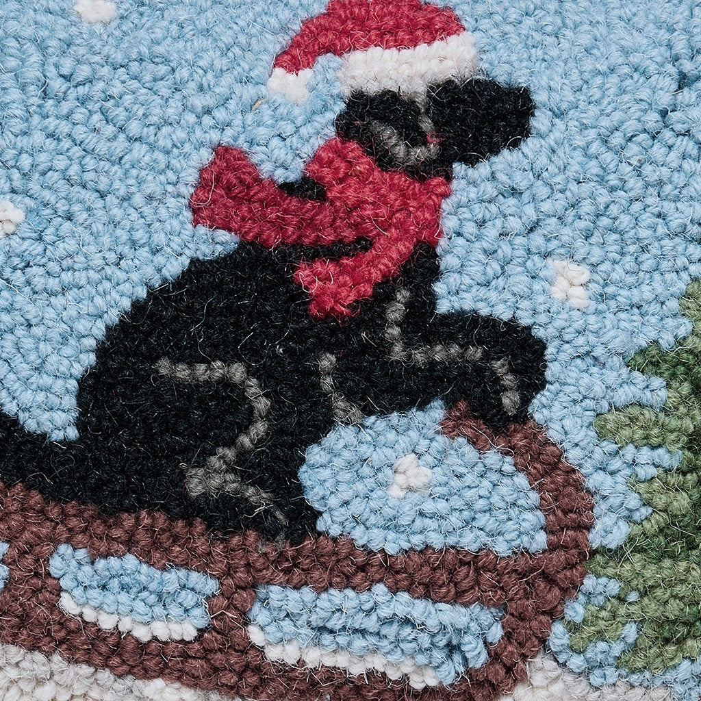 Lab on Sled Hooked Wool Christmas Throw Pillow, close-up detail