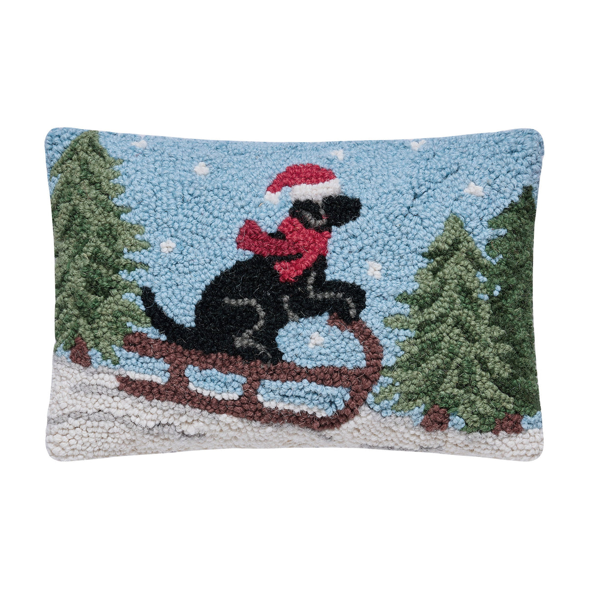 Lab on Sled Hooked Wool Christmas Throw Pillow, 8x12 inch, front view