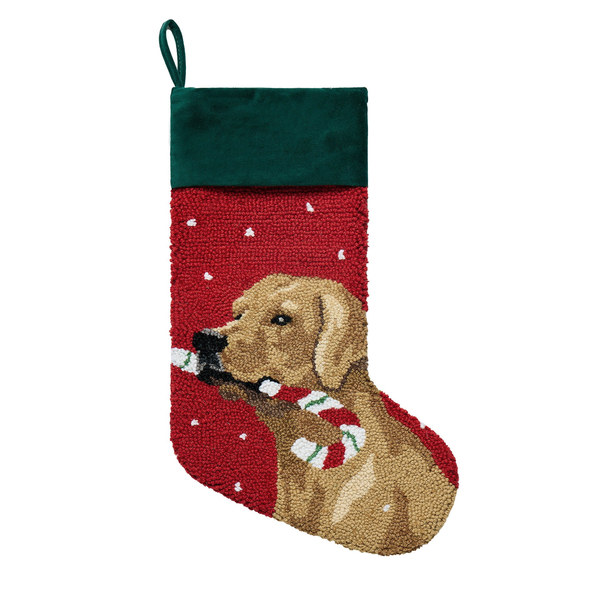 Lab with Candy Cane Hooked Wool Christmas Stocking, 12x20 inch, front view