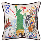 Lady Liberty New York hand-embroidered throw pillow showcasing iconic landmarks
