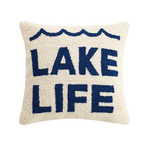 Lake Life Hooked Wool Throw Pillow, 14x14 inch, front view