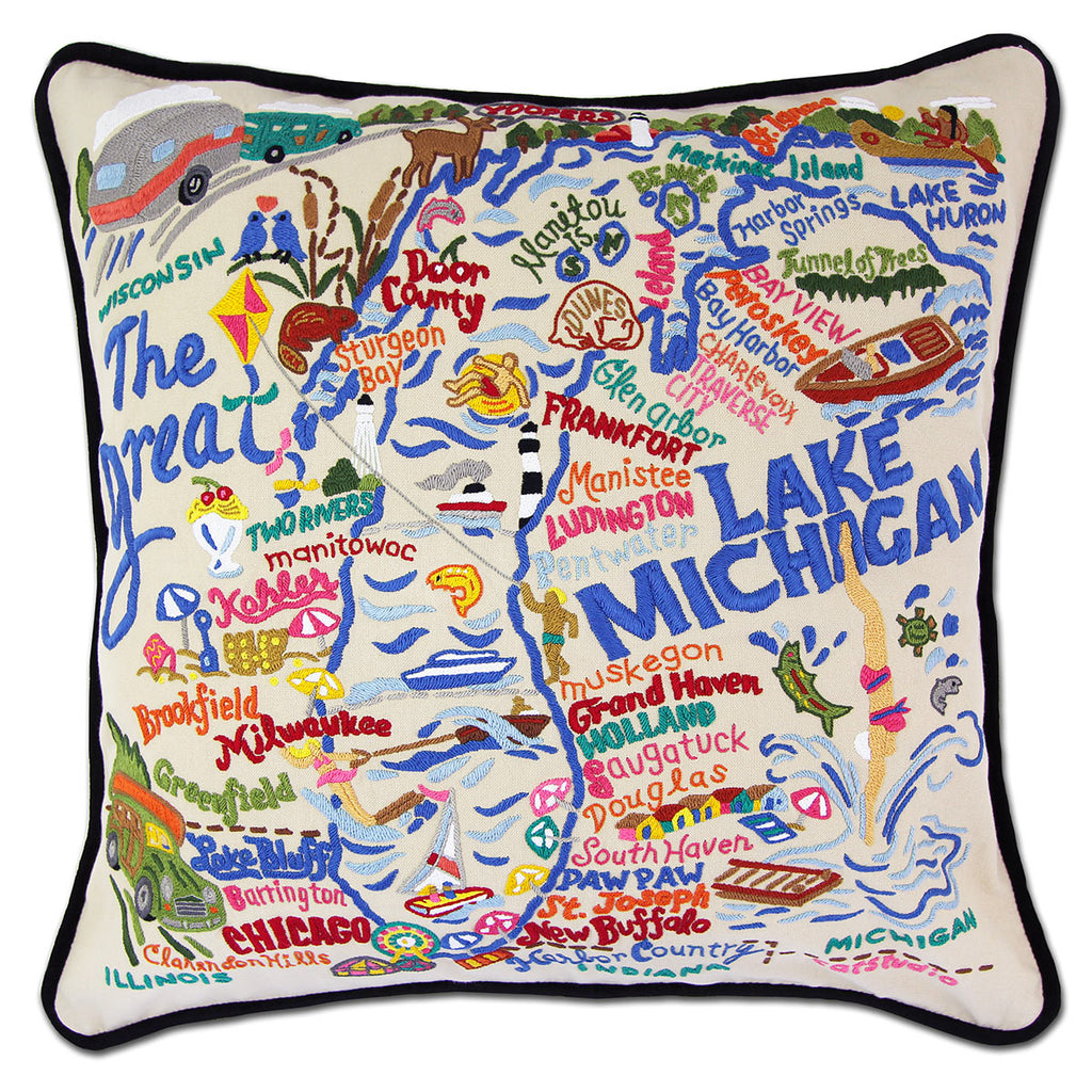Lake Michigan Shoreline embroidered throw pillow with coastal landscape.