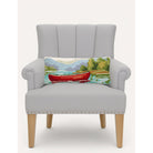 Lakeside Canoe Scene Wool Hooked Lumbar Pillow, styled lifestyle view