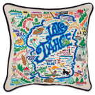 Lake Tahoe Mountains hand-embroidered throw pillow showcasing iconic landmarks