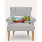 Lakeside Canoe Scene Wool Hooked Lumbar Pillow, styled lifestyle view
