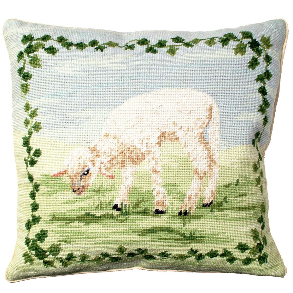 Lamb Sheep Farm needlepoint throw pillow with artisan decorative design