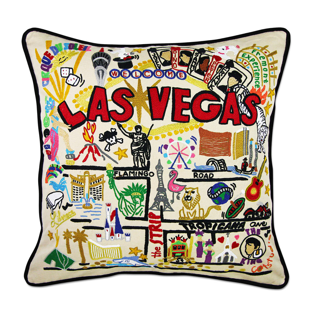 Las Vegas, NV Sin City embroidered throw pillow with casino imagery.